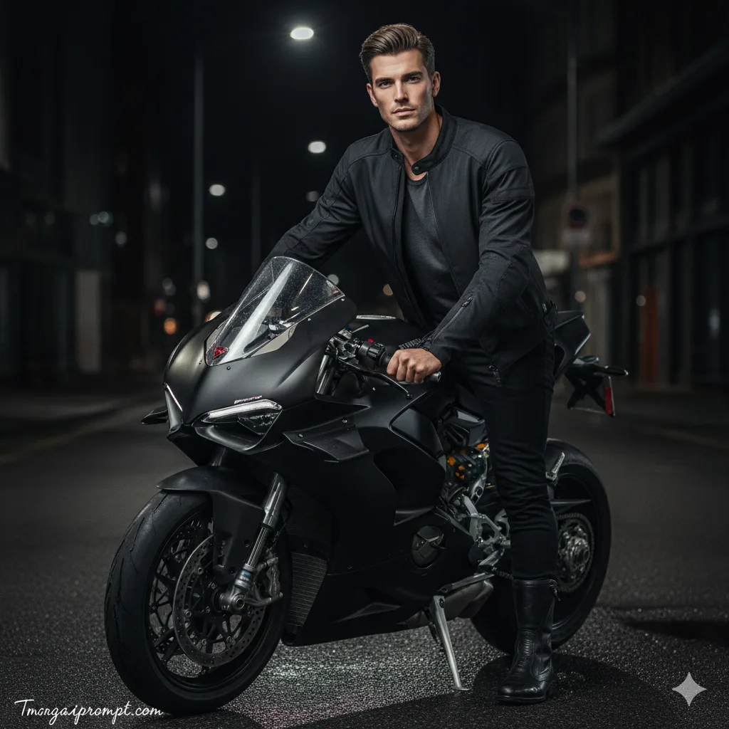 Cinematic 4K portrait of a man riding a black sport motorcycle at night created with Gemini AI