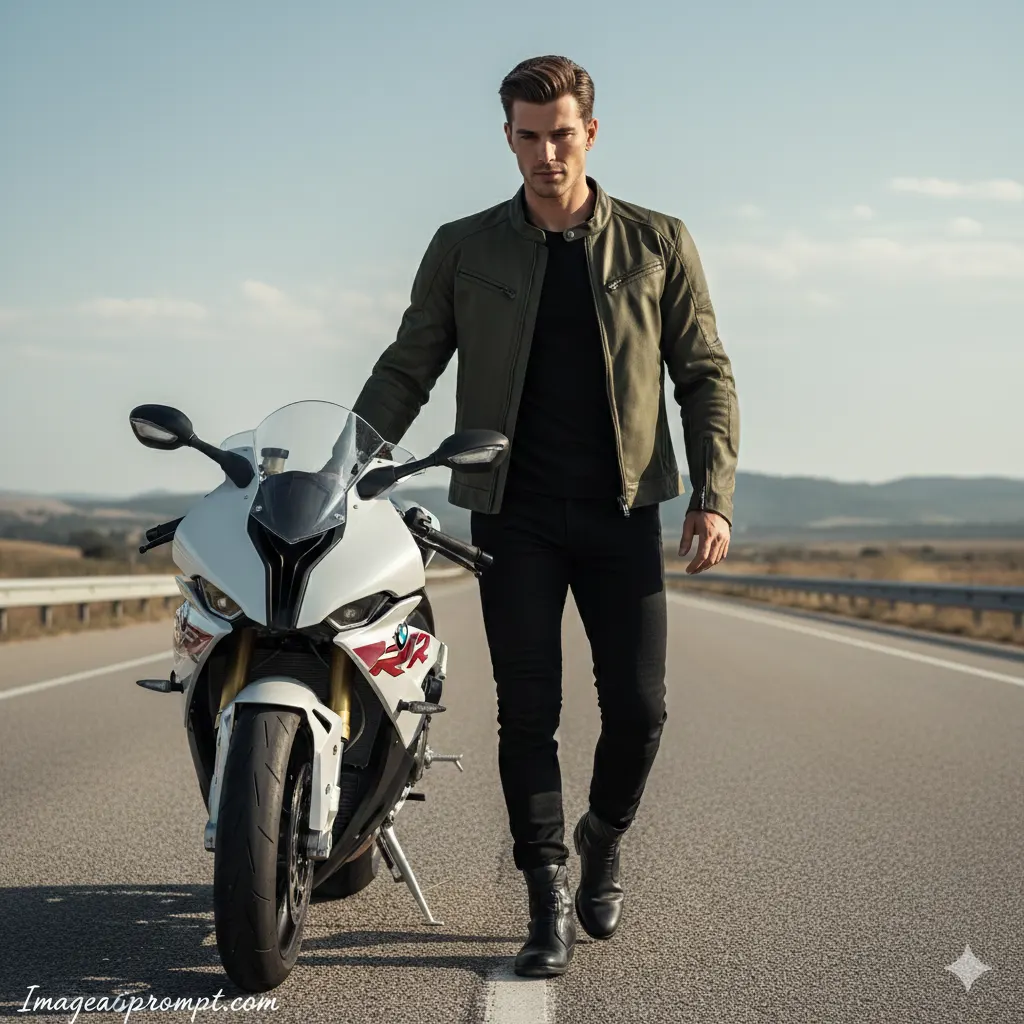 Cinematic 4K motorcycle portrait of a rider walking beside a sportbike on an open highway created using Gemini AI