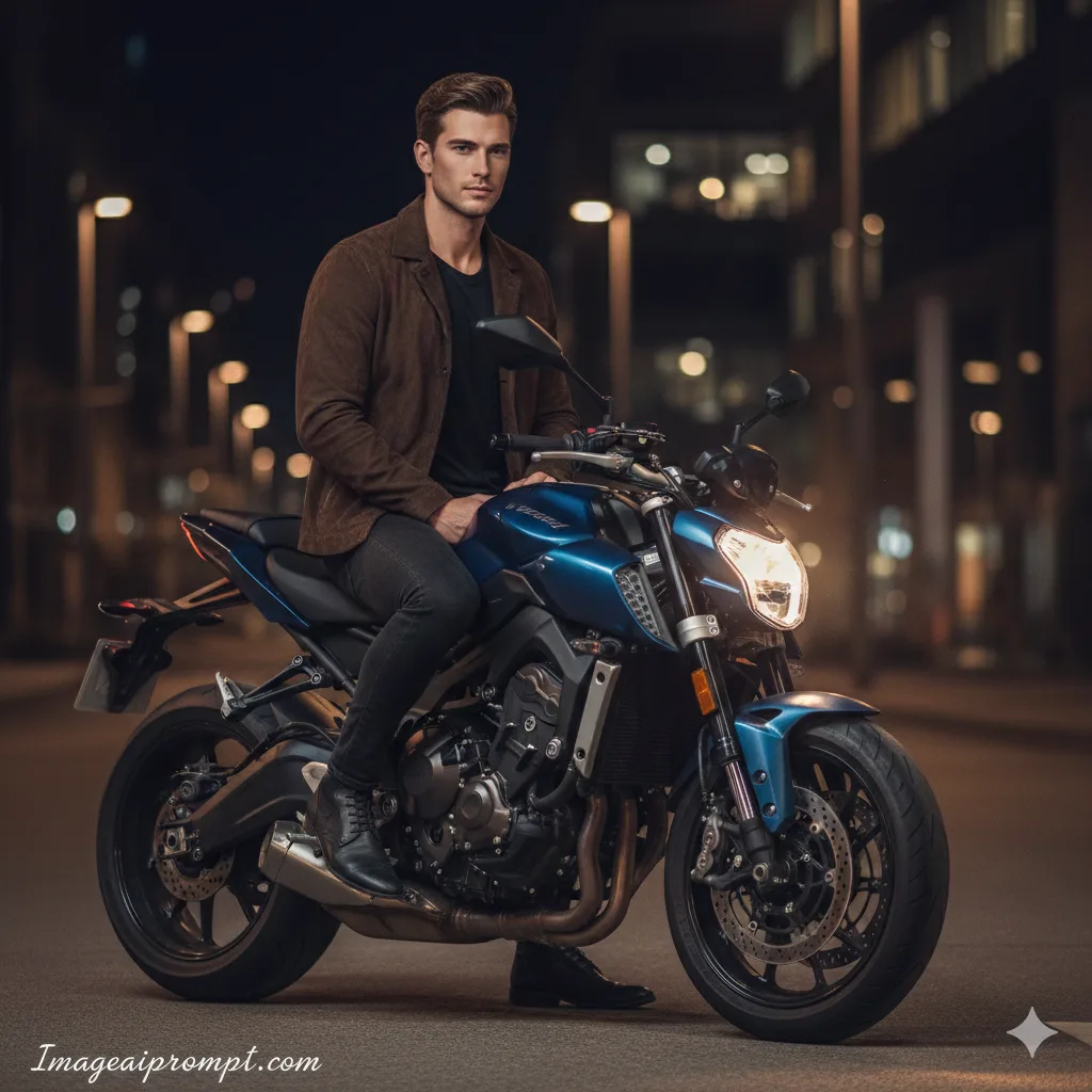 Cinematic night motorcycle portrait with dramatic lighting and shallow depth of field generated by Gemini AI