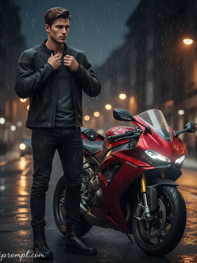 Ultra-realistic cinematic motorcycle portrait in the rain with dramatic city lights created using Gemini AI
