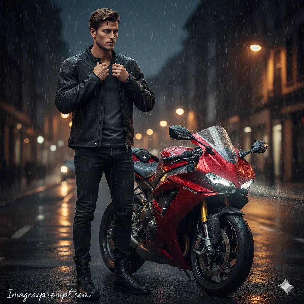 Ultra-realistic cinematic motorcycle portrait in the rain with dramatic city lights created using Gemini AI