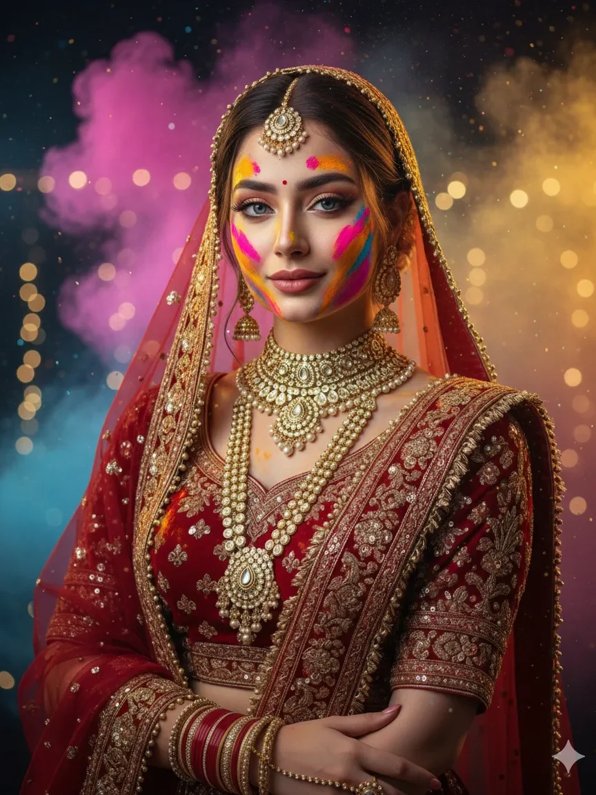 AI generated Holi bridal look for girl wearing traditional red lehenga with colorful Holi powder, festive portrait style