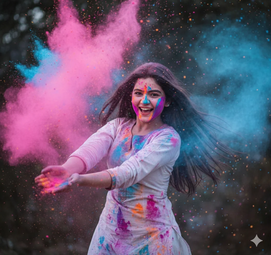 Girl throwing vibrant Holi colors in the air with joyful expression, dynamic action pose, colorful smoke clouds and festive outdoor background