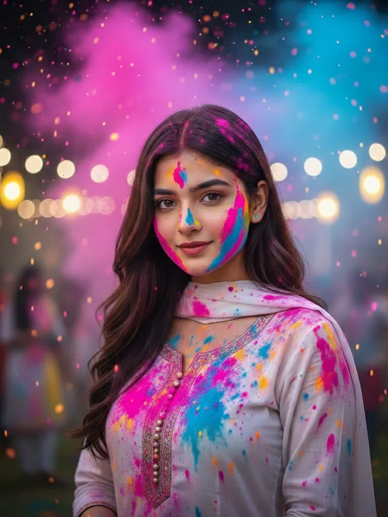Girl celebrating Holi at night with neon pink and blue colors on her face, cinematic lighting, festive background and glowing color smoke