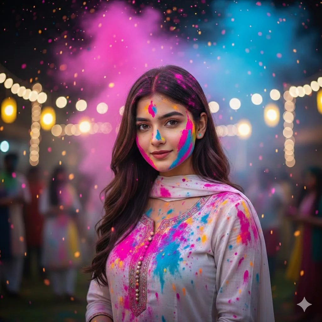 Girl celebrating Holi at night with neon pink and blue colors on her face, cinematic lighting, festive background and glowing color smoke