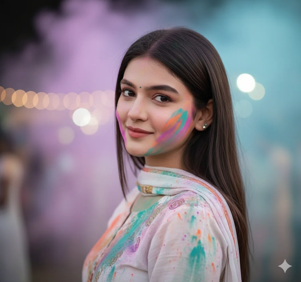 Aesthetic Holi photo of a girl with subtle colorful powder on her face, soft lighting, pastel smoke background and elegant festive mood
