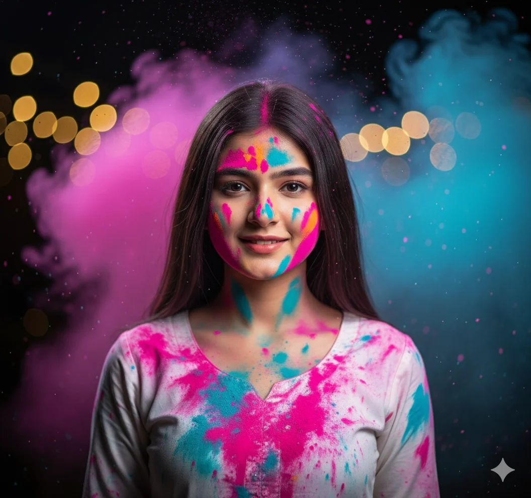 Front-facing Holi portrait of a girl with vibrant pink and blue colors on her face, studio-style lighting, soft bokeh lights and colorful smoke background