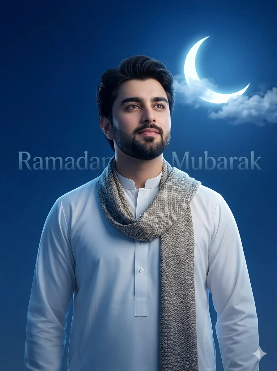 Ramadan Crescent Moon Sky Portrait Of Boy Using AI Photo Editing