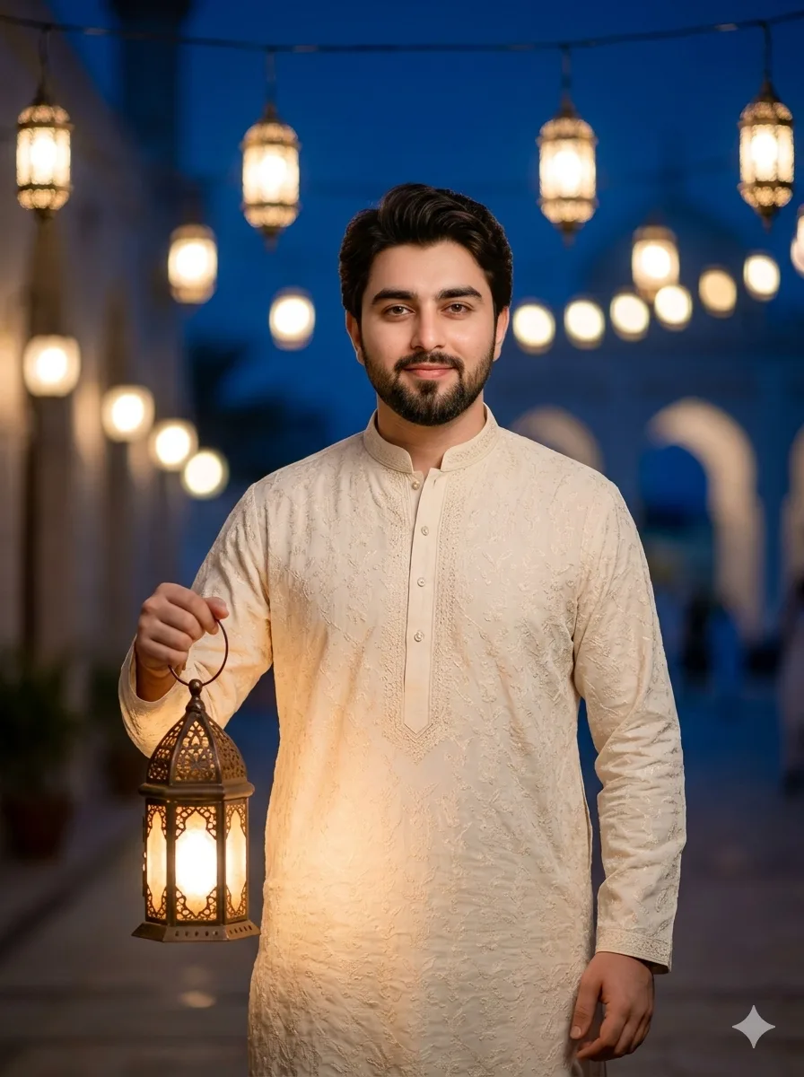 Ramadan Night Portrait Of Boy Holding Lantern Created With AI Photo Editing