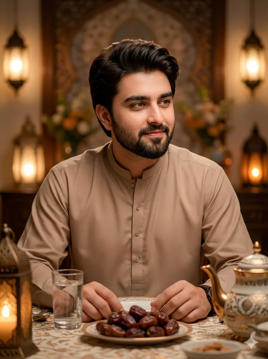 Ramadan Iftar Scene With Boy Sitting At Table Created Using AI Prompt