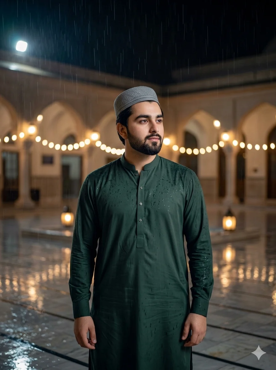 Cinematic Ramadan Night Portrait Of Boy In Rainy Mosque Courtyard