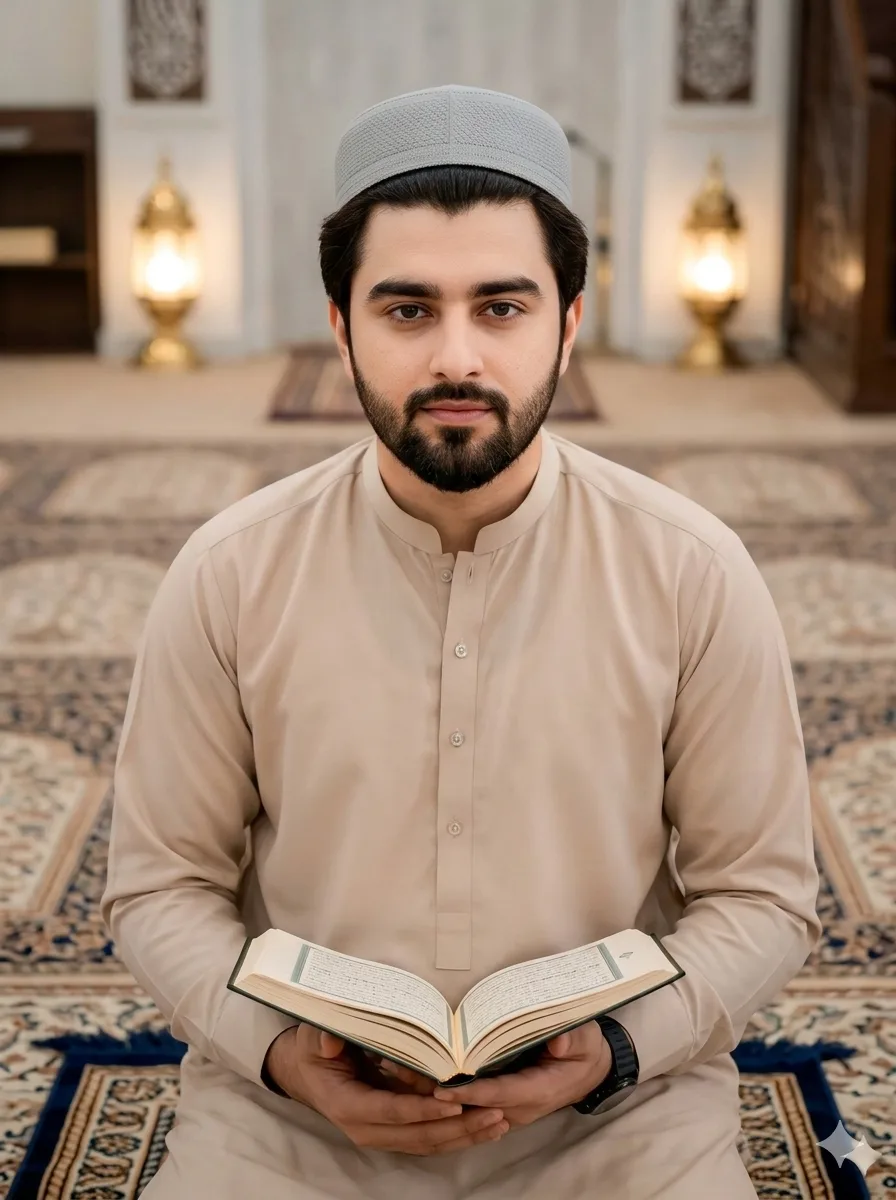 Boy Reading Quran During Ramadan Inside Mosque Using AI Photo Editing Prompt