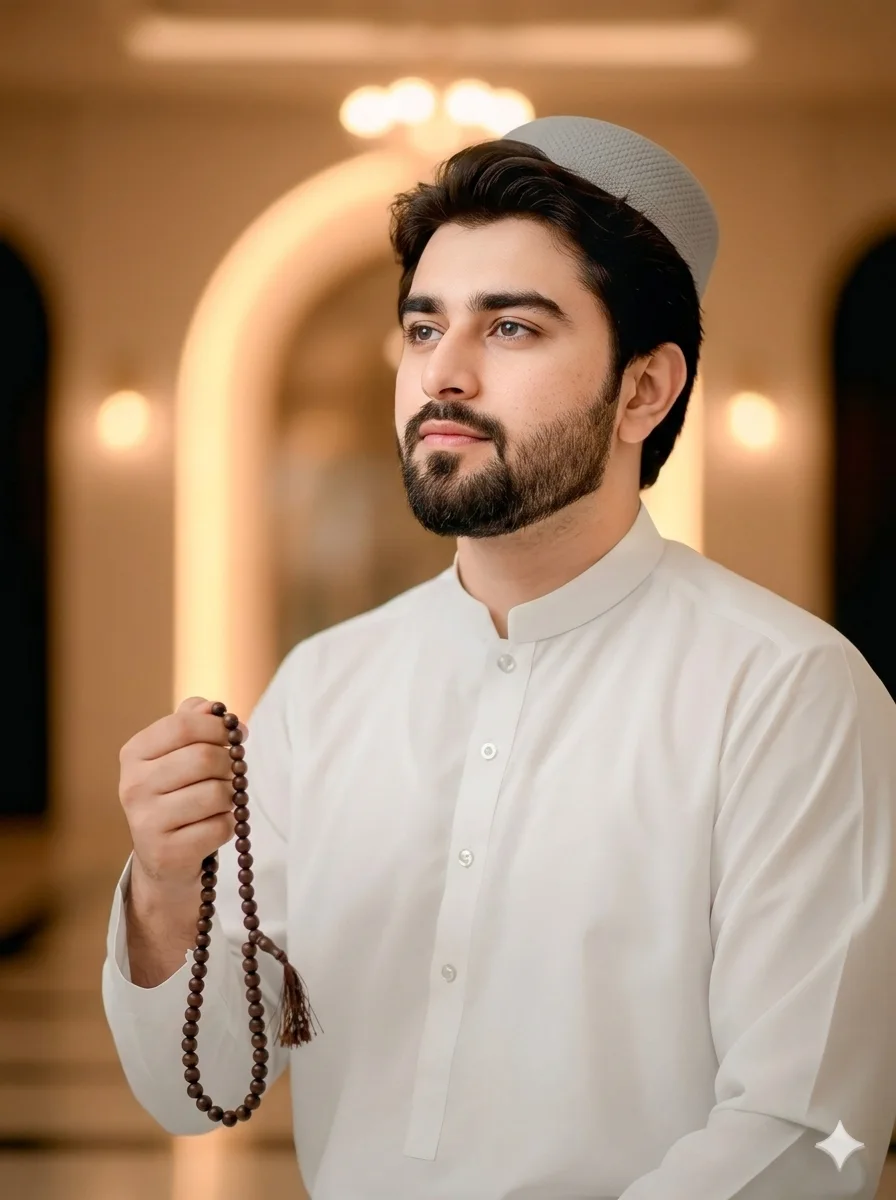 Ramadan Prayer Pose Boy Holding Tasbih Using AI Photo Editing Prompt