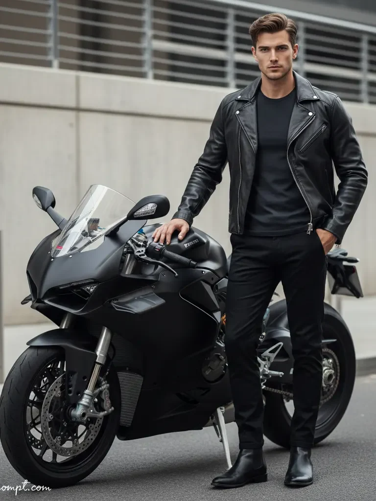 Ultra-realistic cinematic motorcycle portrait of a stylish man standing beside a black sportbike in an urban setting