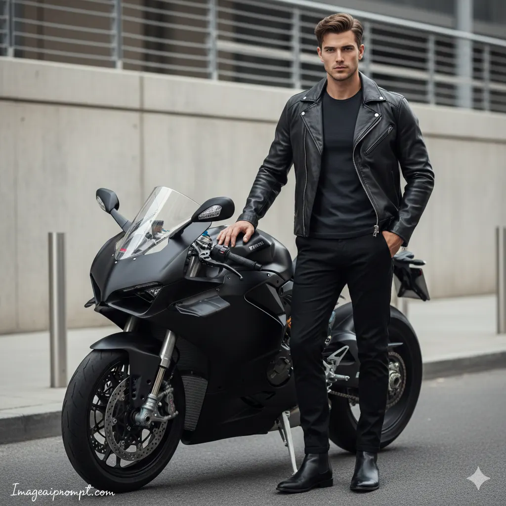 Ultra-realistic cinematic motorcycle portrait of a stylish man standing beside a black sportbike in an urban setting
