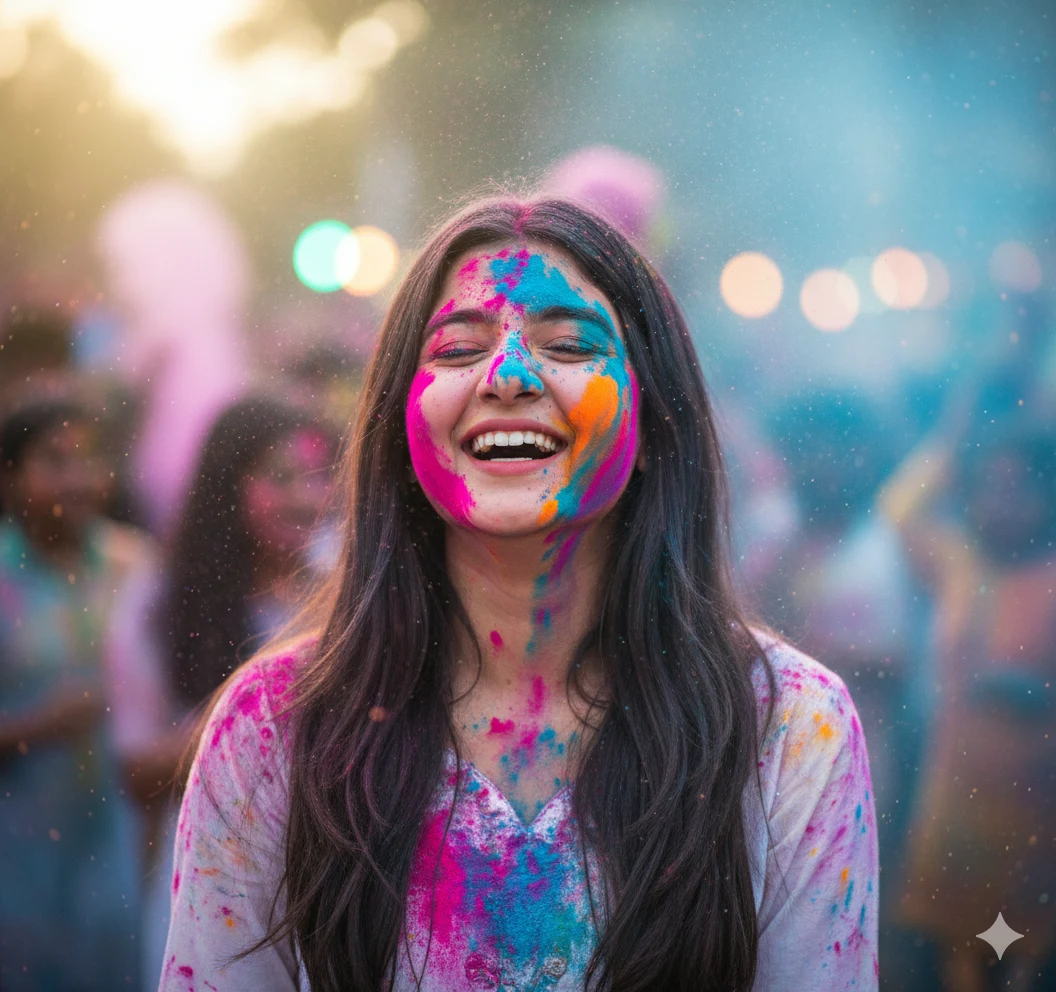 Smiling girl celebrating Holi with colorful powder on her face, front-facing portrait, festive crowd in background and soft natural lighting