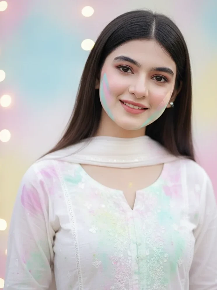 Soft aesthetic Holi portrait of a girl with pastel colors on her face, white outfit, studio-style lighting and blurred decorative lights background