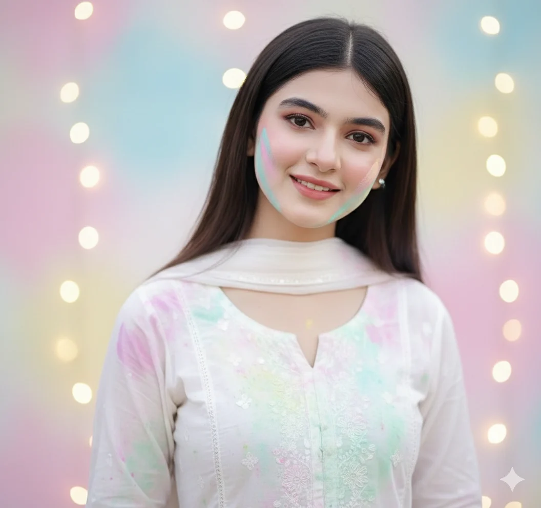 Soft aesthetic Holi portrait of a girl with pastel colors on her face, white outfit, studio-style lighting and blurred decorative lights background
