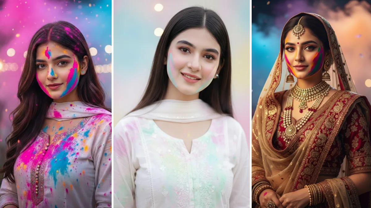 Girls with vibrant Holi colors on their faces showcasing AI-generated Holi special looks, including modern, soft pastel, and traditional festive styles