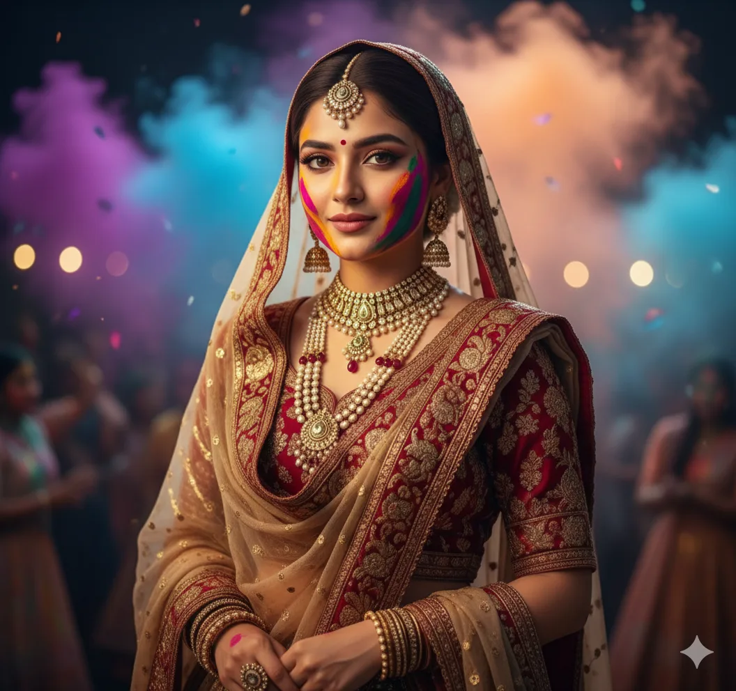 Traditional Holi portrait of a girl wearing ethnic attire with jewelry, colorful powder on her face, cinematic lighting and festive night celebration background