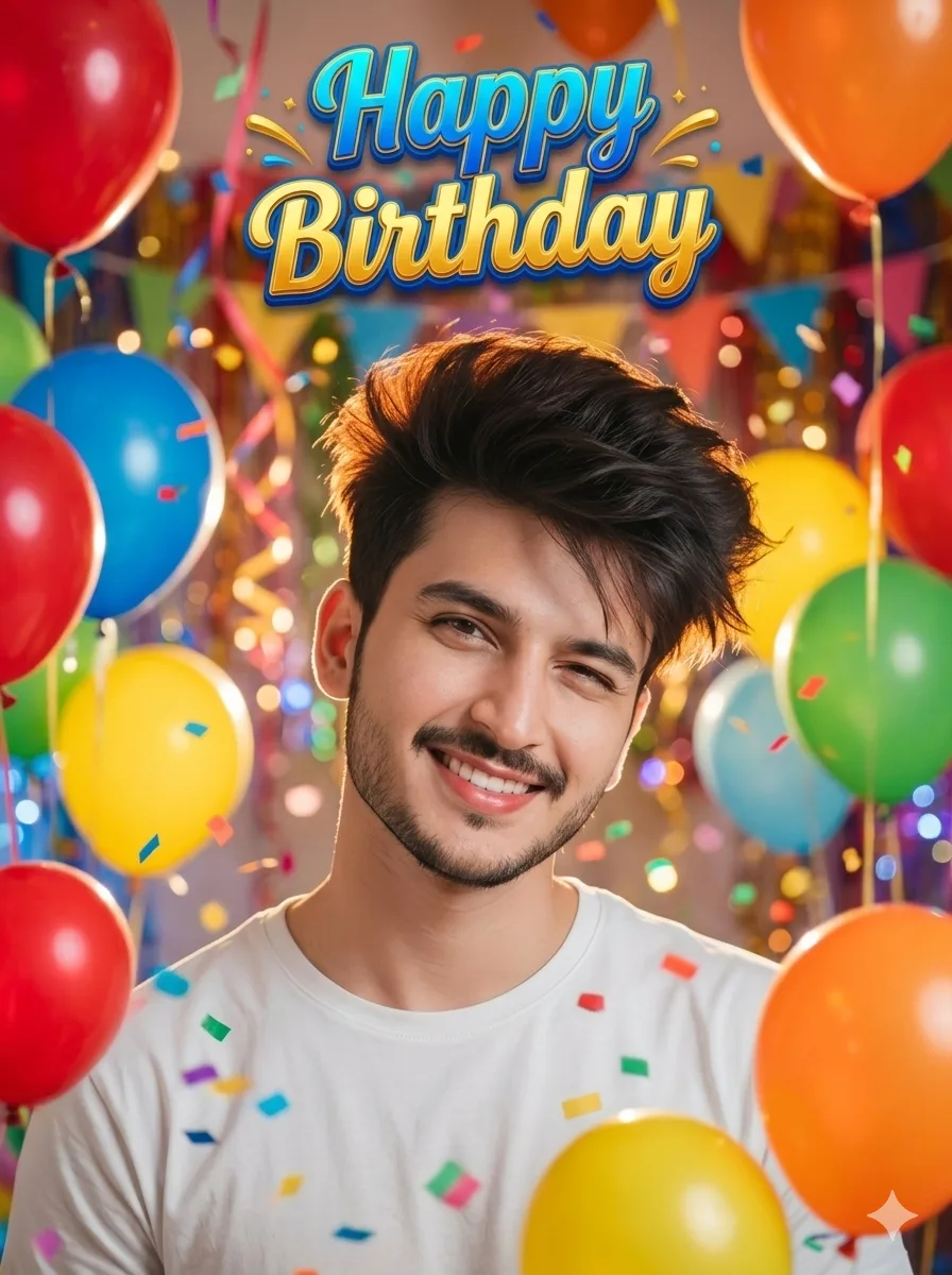 Colorful birthday balloon celebration AI portrait with Happy Birthday text