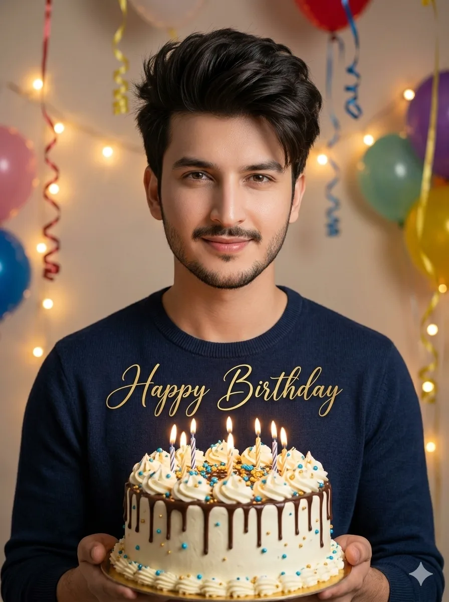 AI birthday portrait holding cake with candles and Happy Birthday text