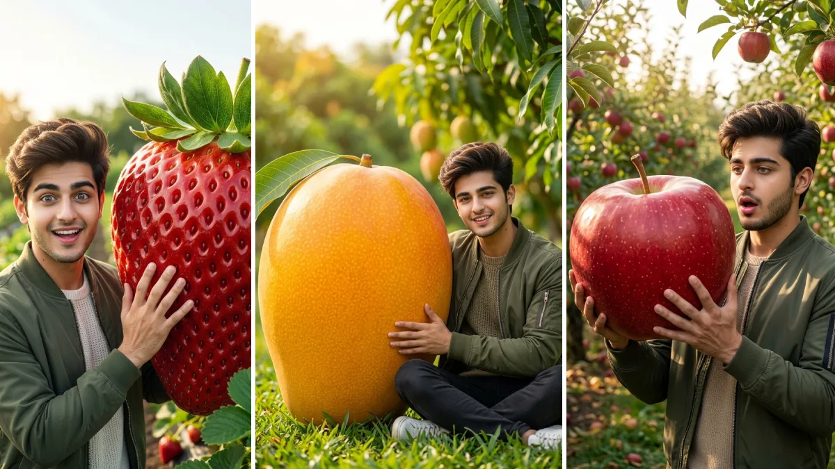 Hyper-realistic giant fruit image featuring a strawberry, mango, and apple created with Gemini AI photo prompt