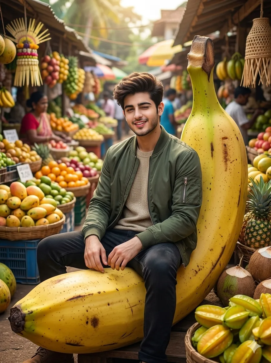 Person sitting on giant banana AI portrait using Gemini AI