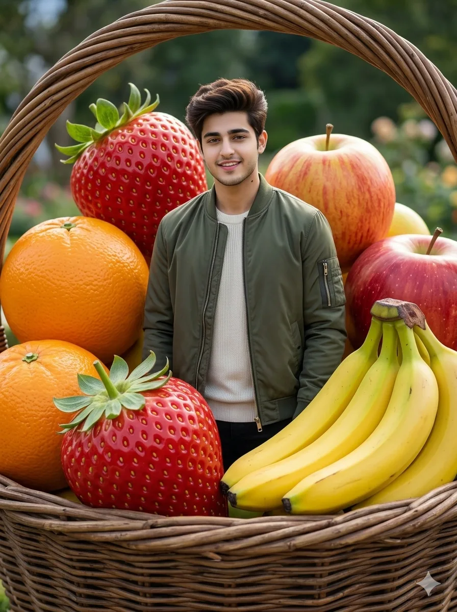Creative giant fruit basket AI portrait generated with Gemini AI prompt