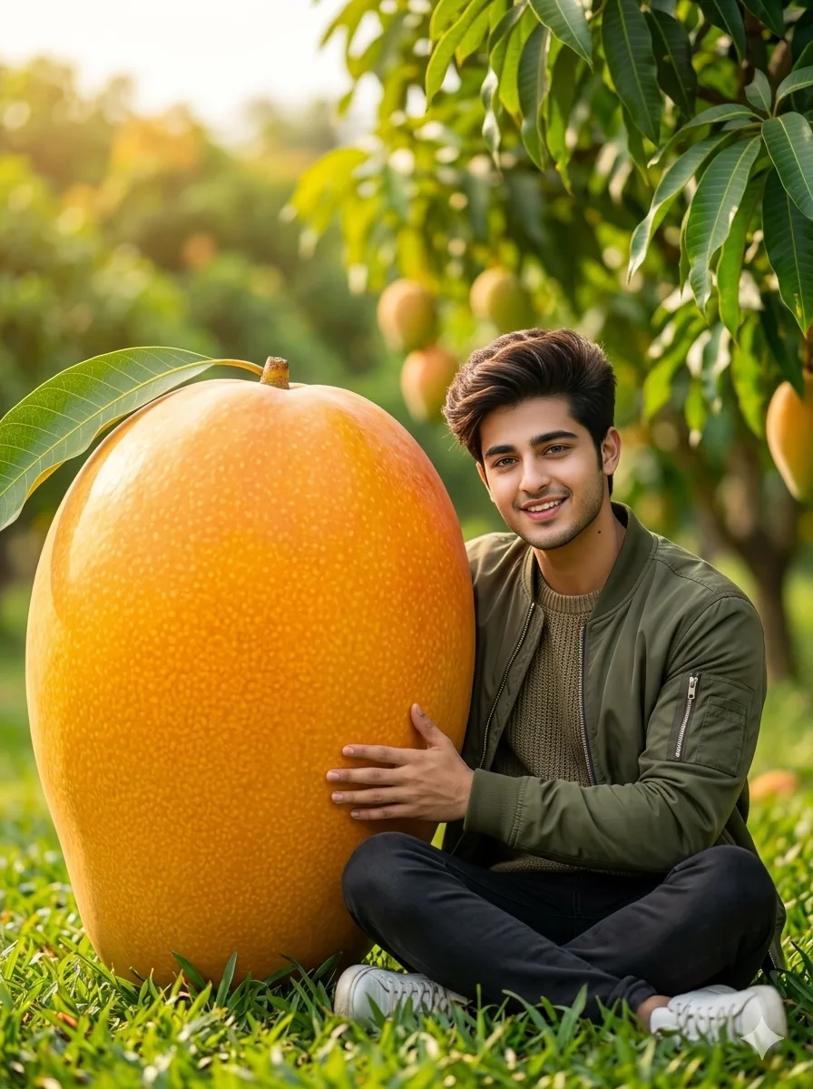 AI portrait with giant mango created using Gemini AI photo editing prompt