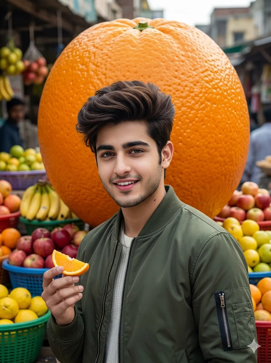 Giant orange fruit AI photo editing prompt using Gemini AI