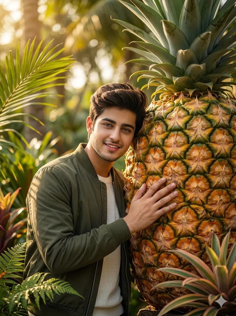 Person leaning on giant pineapple created using Gemini AI prompt