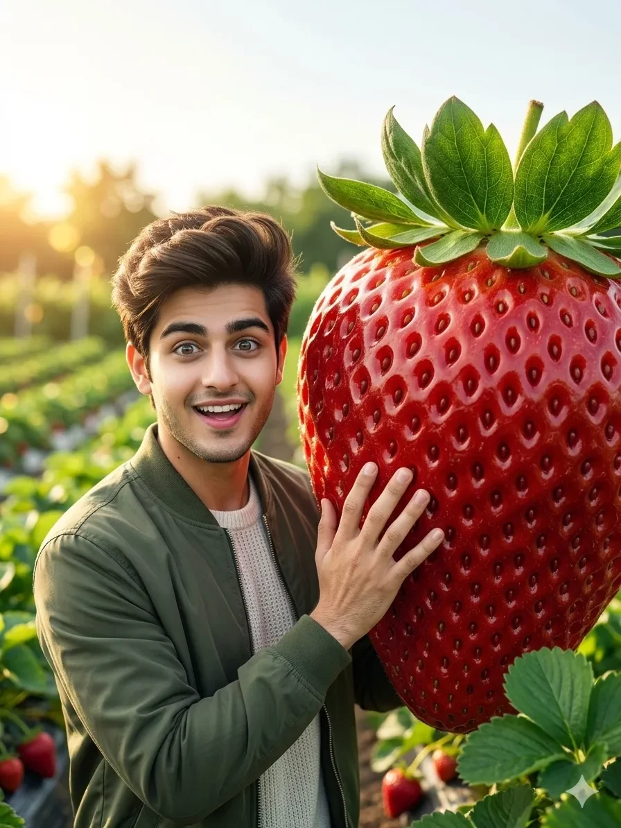 giant-strawberry-ai-photo Person standing beside giant strawberry created with Gemini AI photo editing prompt