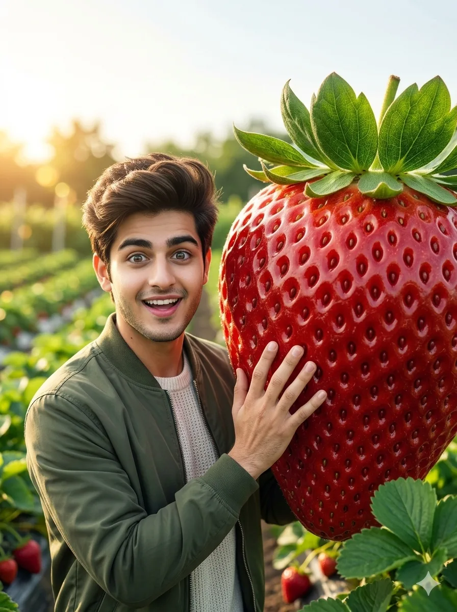 Person standing beside giant strawberry created with Gemini AI photo editing prompt
