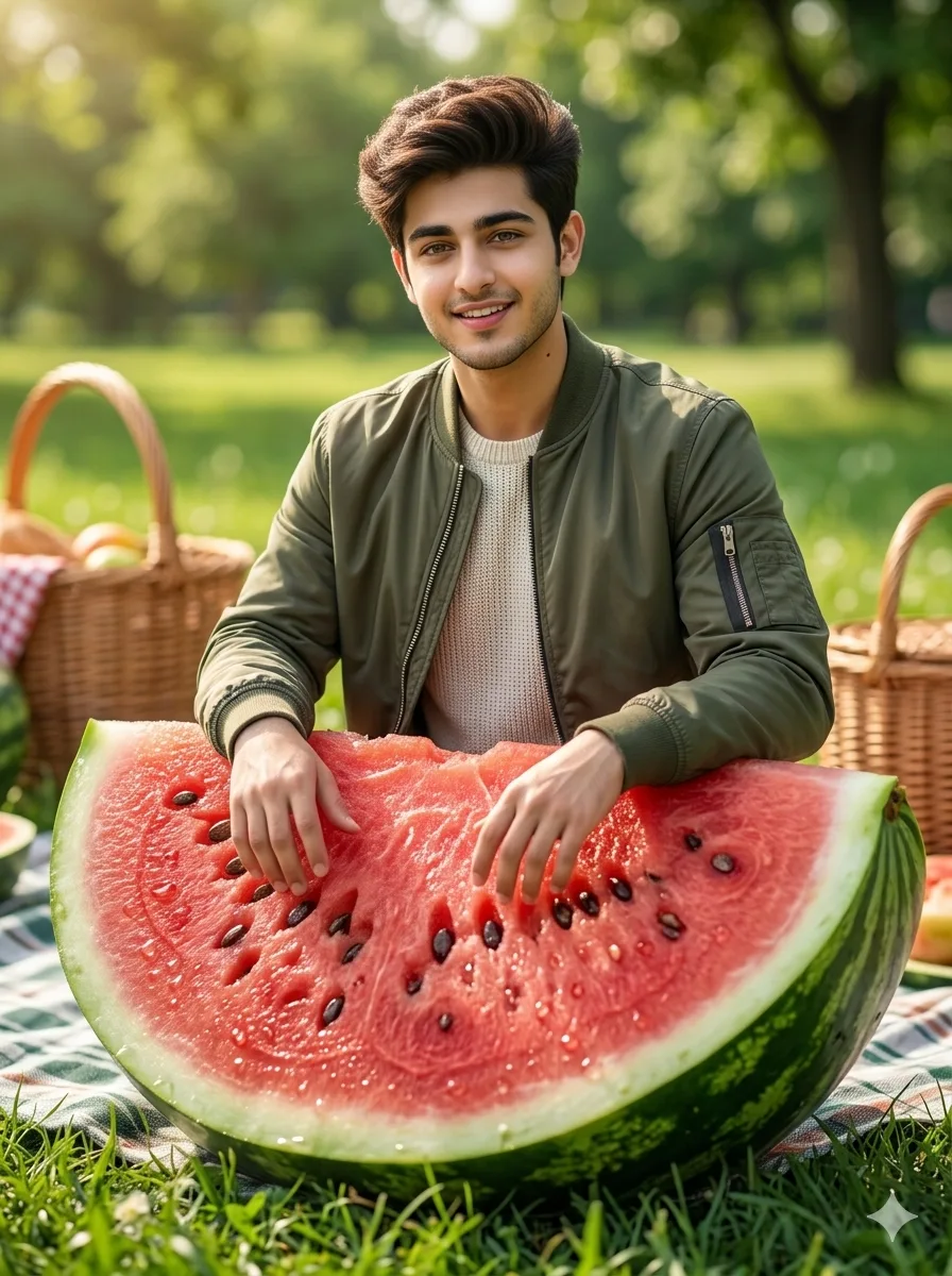 AI portrait sitting on giant watermelon using Gemini AI prompt