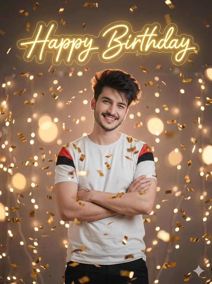 Golden confetti birthday celebration AI portrait with Happy Birthday text