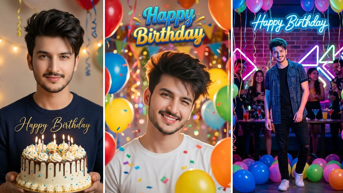 Happy Birthday AI photo editing prompts showing cake celebration, balloon party, and neon birthday portraits