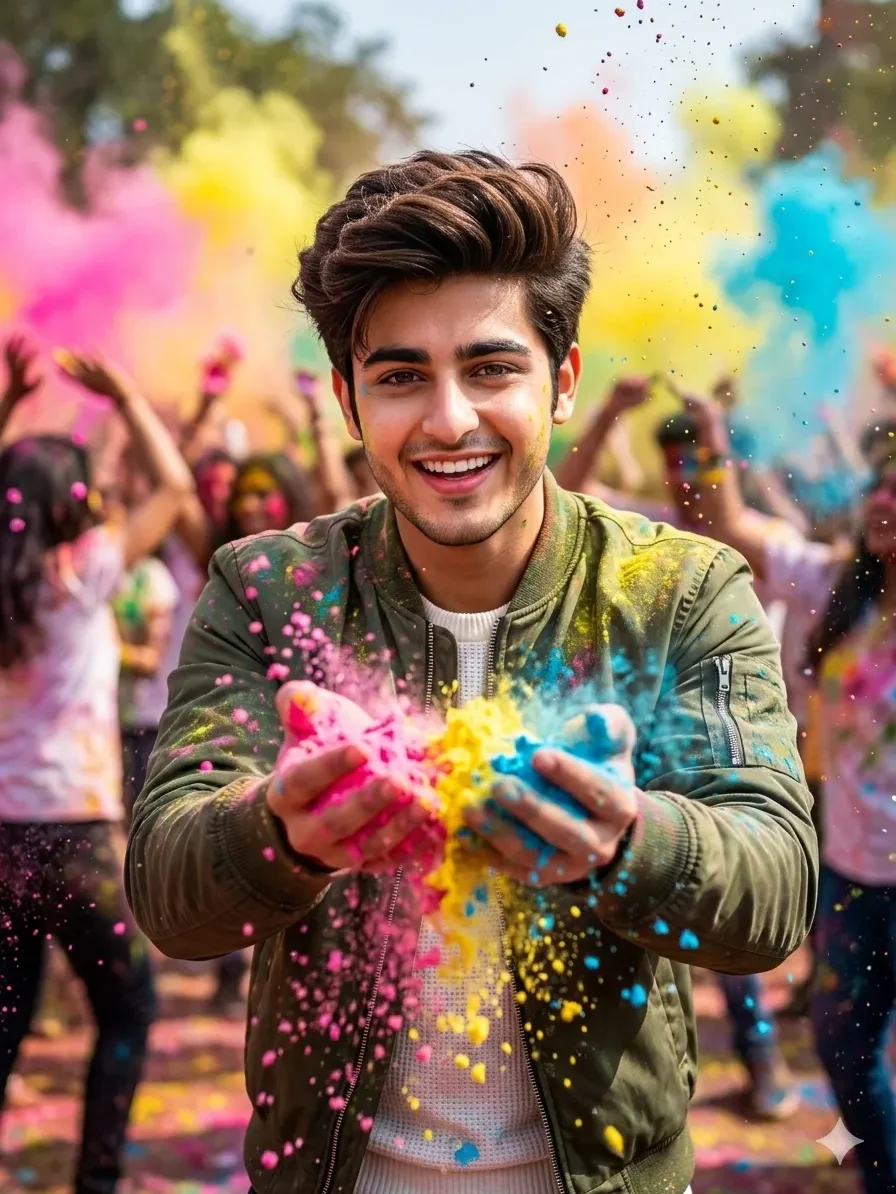 Dynamic Holi action portrait with FACE-LOCK showing a man throwing colorful powder toward the camera, energetic joyful smile, bright daylight, white kurta covered in vibrant Holi colors, exploding color clouds in background