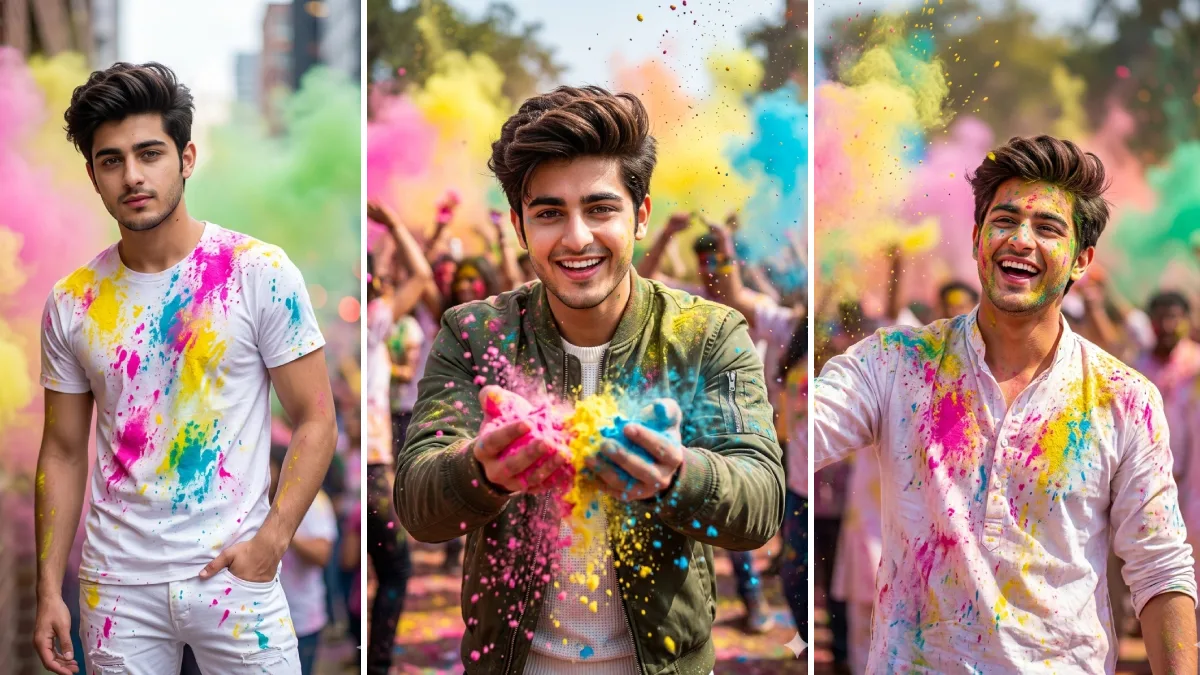 Ultra-realistic Holi portraits with FACE-LOCKed subjects: modern style, color throws, and joyful festive smiles
