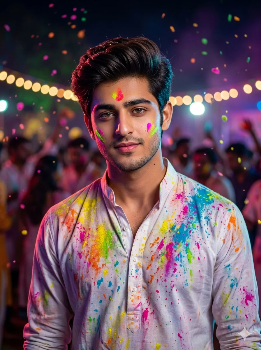 Ultra-realistic Holi night portrait of a man with FACE-LOCK, neon-colored powders glowing under festive night lights, confident subtle smile, traditional white kurta splashed with colors, cinematic lighting