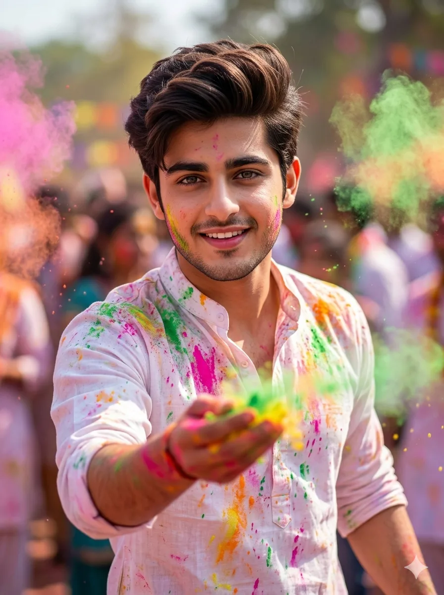 Ultra-realistic Holi powder explosion portrait of a man with FACE-LOCK, throwing vibrant powders mid-air, confident joyful expression, white kurta covered in pink, green, yellow, and orange colors, colorful festive crowd blurred in background