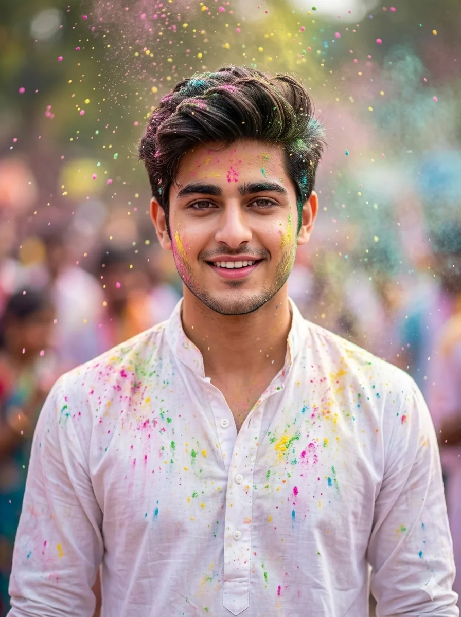 Portrait of a man with FACE-LOCK under a shower of Holi powders, joyful confident smile, traditional white kurta lightly covered with colors, soft daylight, floating powder particles and blurred festival crowd in background