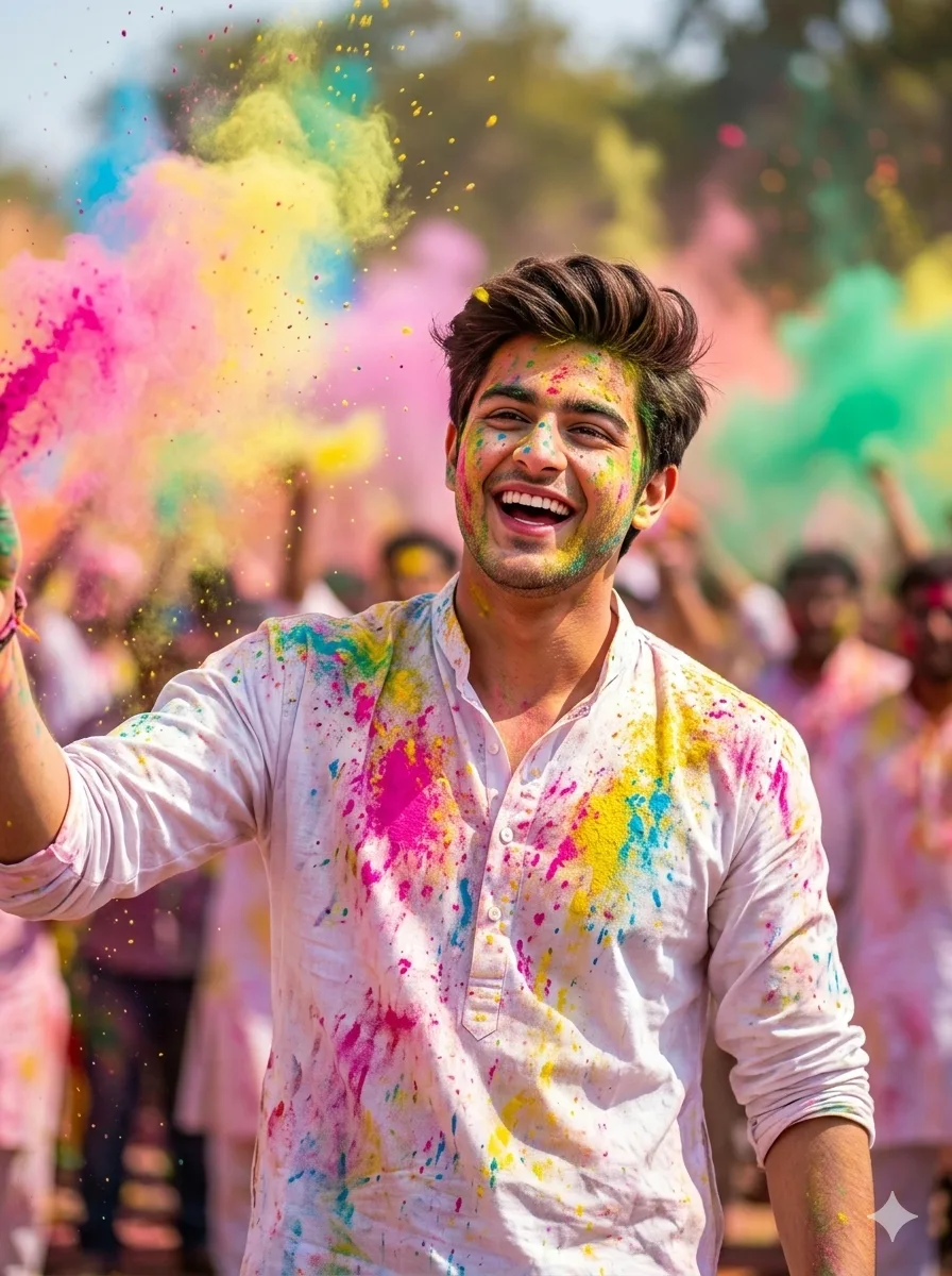 Dynamic Holi portrait of a man with FACE-LOCK laughing while tossing vibrant powders, energetic joyful smile, casual posture, white kurta splashed with pink, yellow, blue, and green colors, bright daylight and colorful powder clouds in background