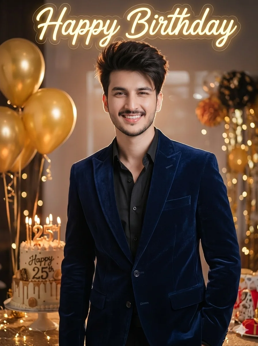 Luxury birthday AI portrait with balloons and Happy Birthday text