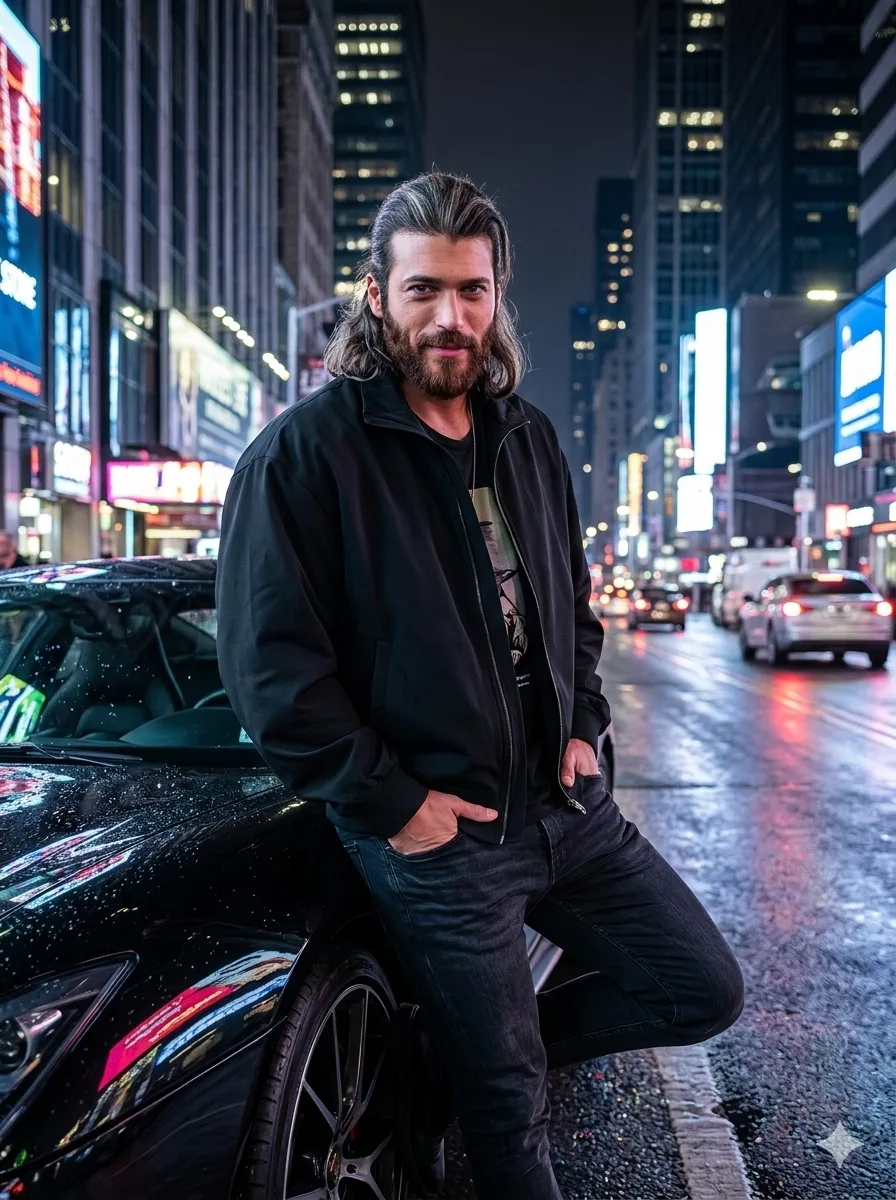 Stylish AI image of a boy leaning on a luxury sports car in neon city lights, Gemini AI and ChatGPT