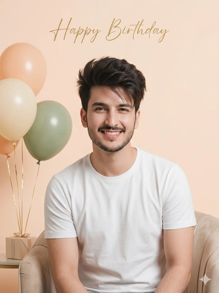 Minimal birthday portrait AI image with balloons and Happy Birthday text