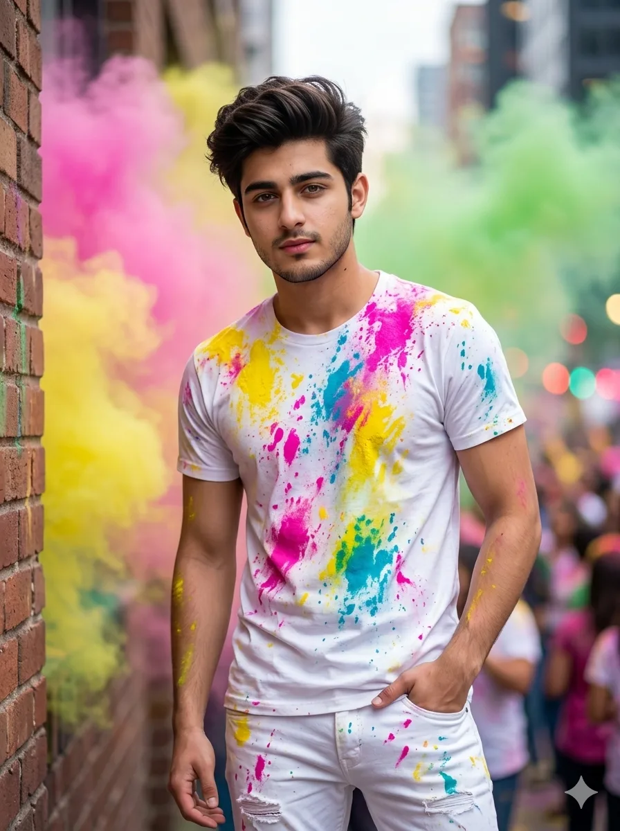 Modern Holi portrait of a man with FACE-LOCK wearing casual white outfit splashed with bold Holi colors, stylish relaxed pose, urban Holi background with colorful smoke effects, soft cinematic lighting, ultra-sharp facial focus