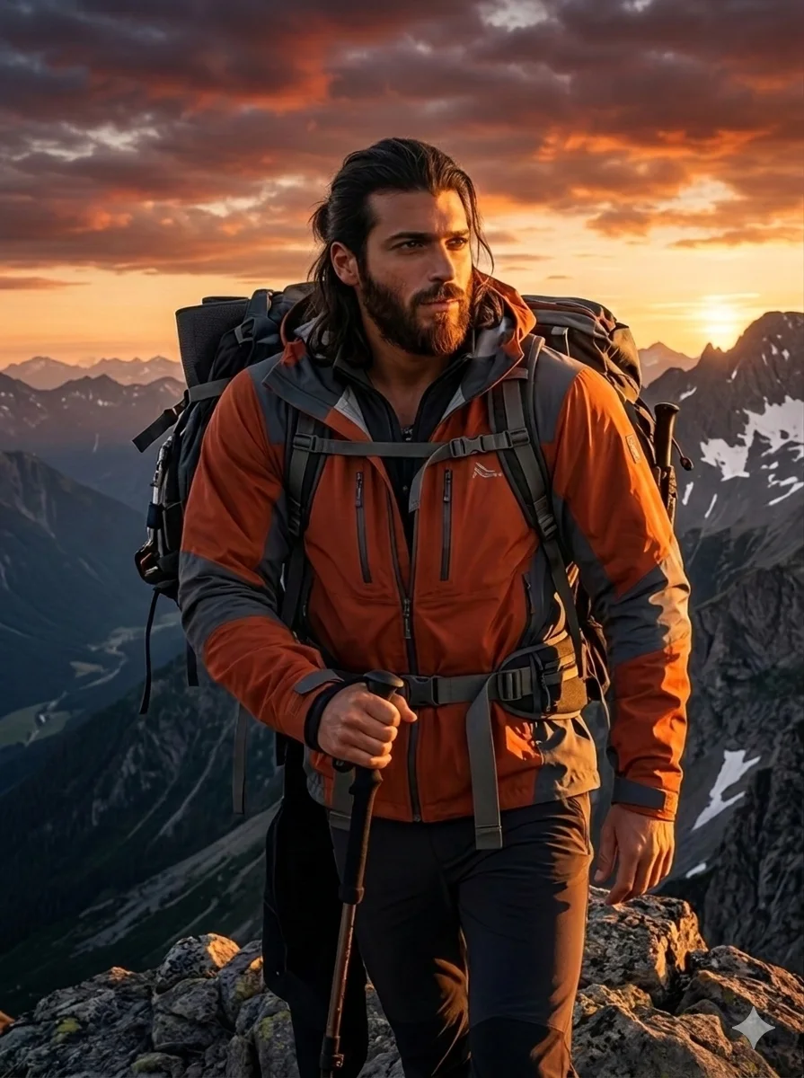 Ultra-realistic AI image of a boy standing on a mountain cliff at sunset, adventure style, Gemini AI and ChatGPT