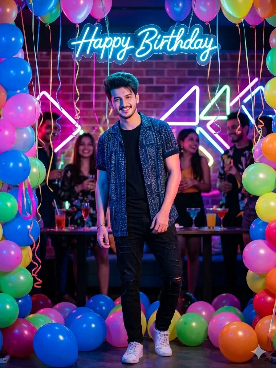neon-birthday-party-ai Neon themed birthday party AI portrait with glowing Happy Birthday text