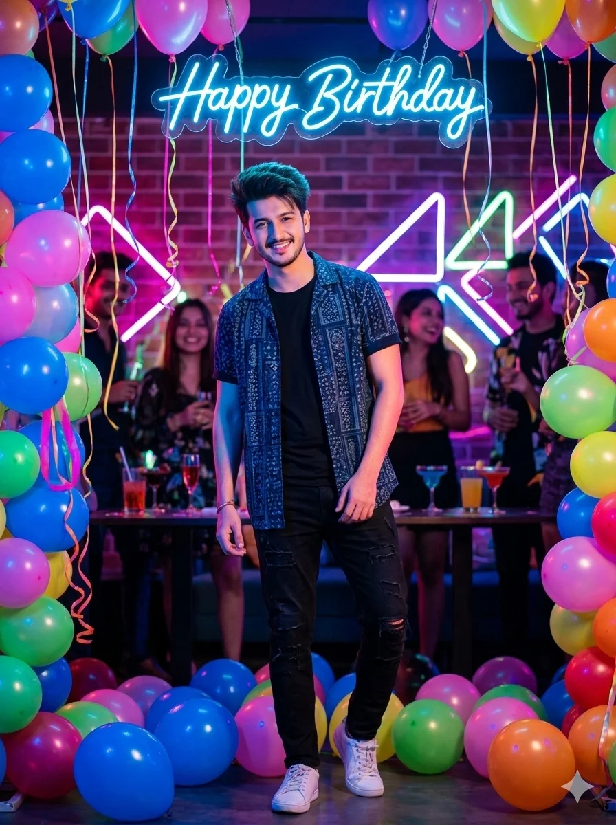 Neon themed birthday party AI portrait with glowing Happy Birthday text